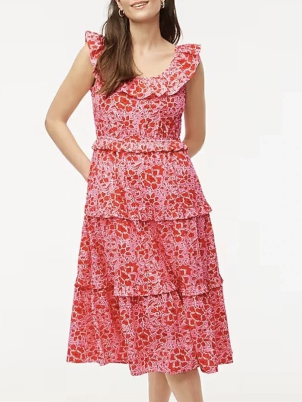 J. Crew Floral Ruffle Tiered Red Midi Dress Size 8 Sleeveless Cotton Summer